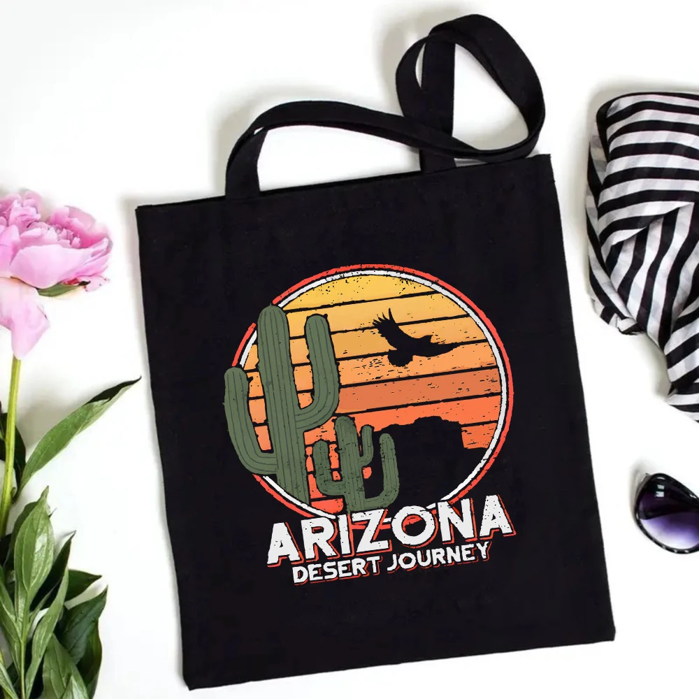 

Ride The Waves Canvas Tote Bag with Palm Tree and Malibu Beach Graphic Print Reusable Gift