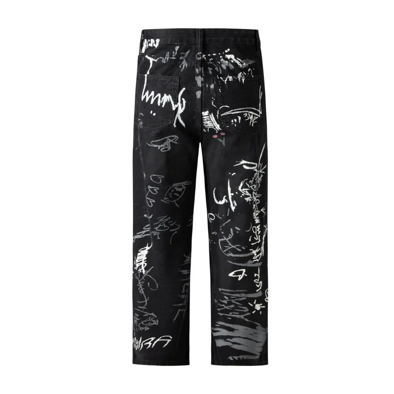 

JK9638 American street inkjet graffiti print jeans men's tide high street niche design loose straight trousers