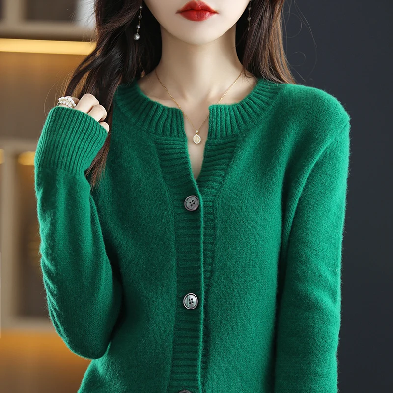 100% Wool Cashmere Cardigan Women\'s Autumn and Winter New Round Neck Sweater Loose Large Size Coat Korean Fashion Knitted Jacket