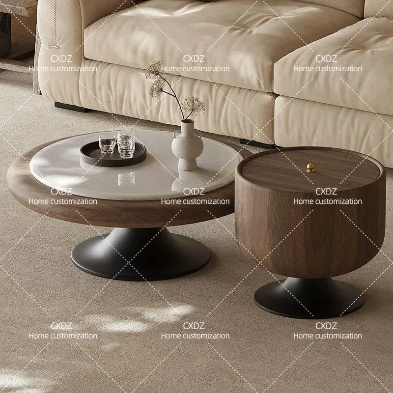 Retro Round Marble Coffee Table with Storage Modern Living Room Furniture Silent Wind Style Home Decor Artistic Centerpiece