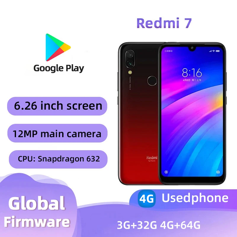 Redmi 7 4G Android 6.26 inch RAM 4GB ROM 64GB Qualcomm Snapdragon 632 Used phone