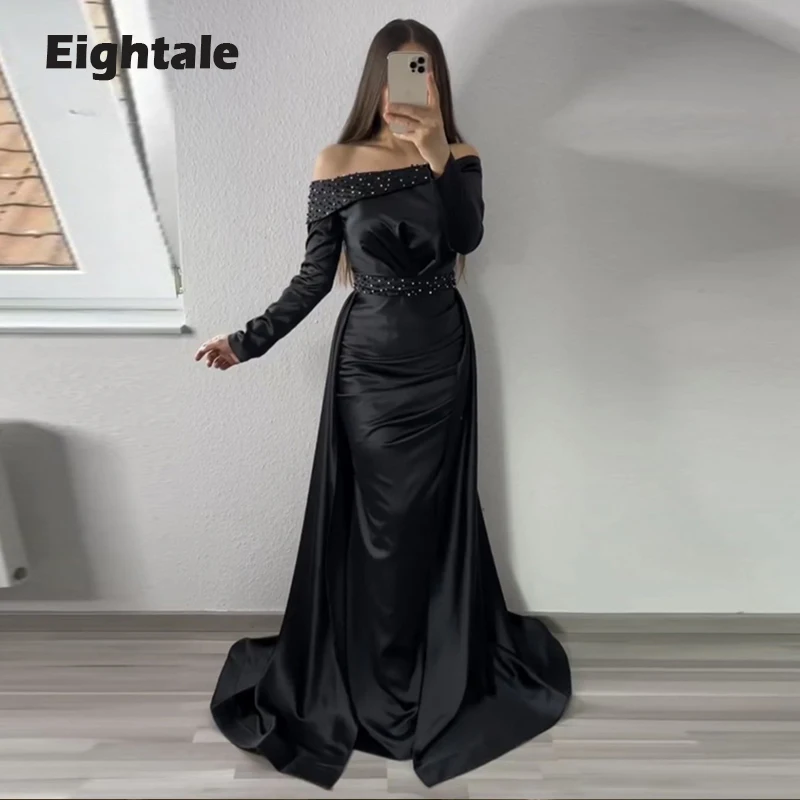 

Eightale Arabic Evening Dress for Wedding Party Satin Beaded Long Sleeves Mermaid Prom Gowns Formal Celebrity Dress