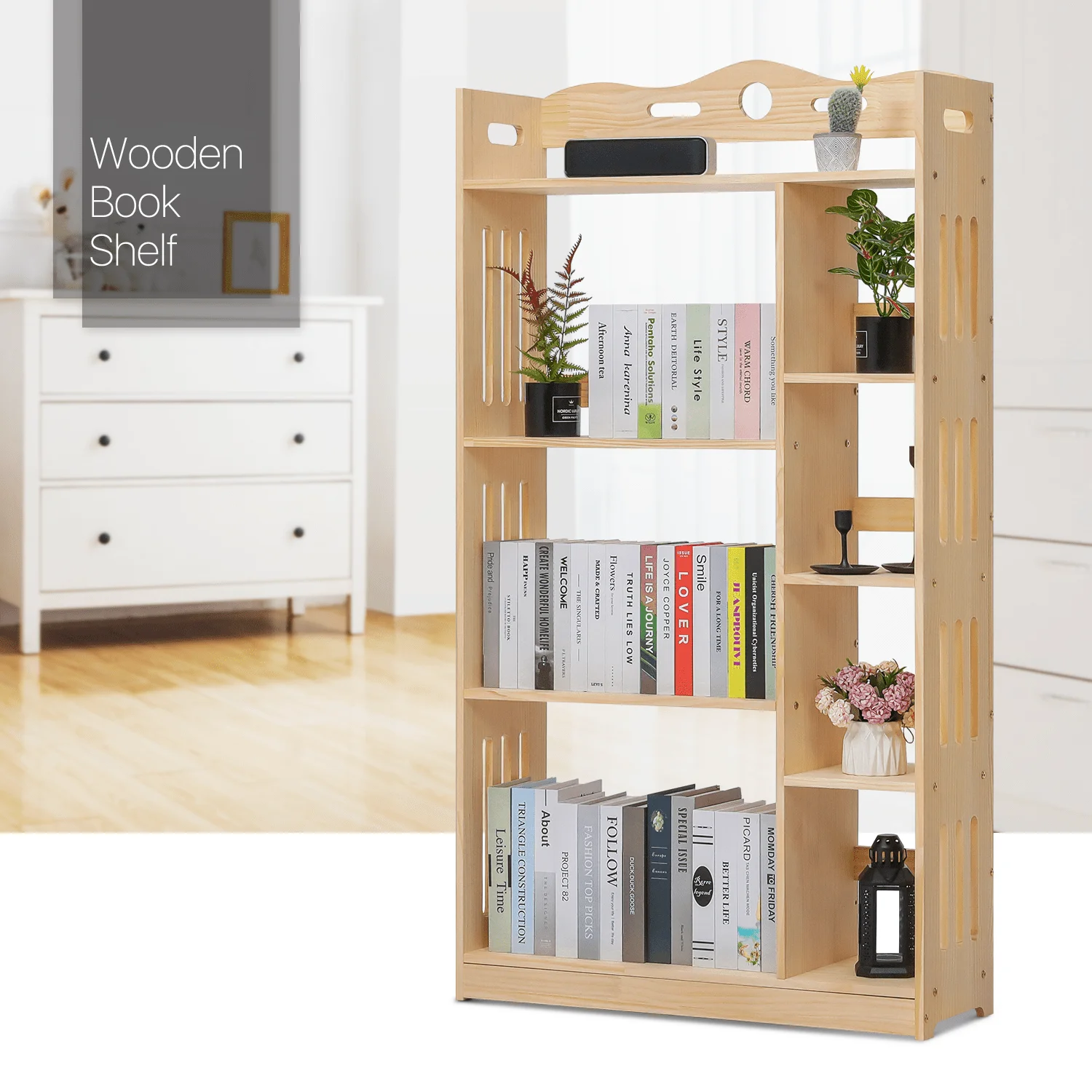 

Large Heavy Duty Wood Modern Bookshelf for Small Space 5 Tier Storage Display Stand Rack Heavy Duty Teen Room Living Room, Natural