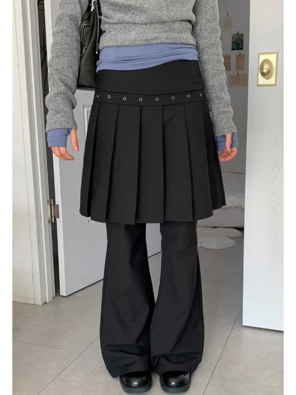 

Loose American Style Pleated Skirt Pants Women's Spring Summer New Style Patchwork Black Casual Straight Leg Pants