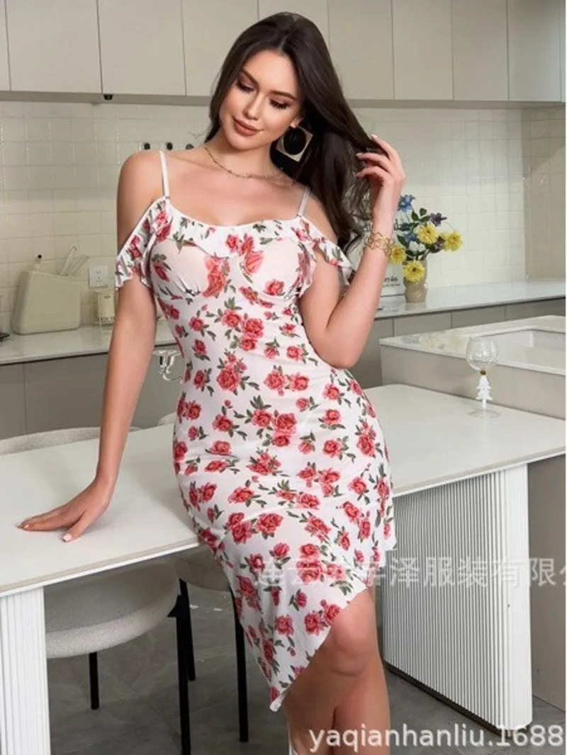 

Reformation Summer Floral Lace Trim One Shoulder Long Dress Elegantly Designed Women's Dress Elegant Long Gown Beautiful 5Z6F