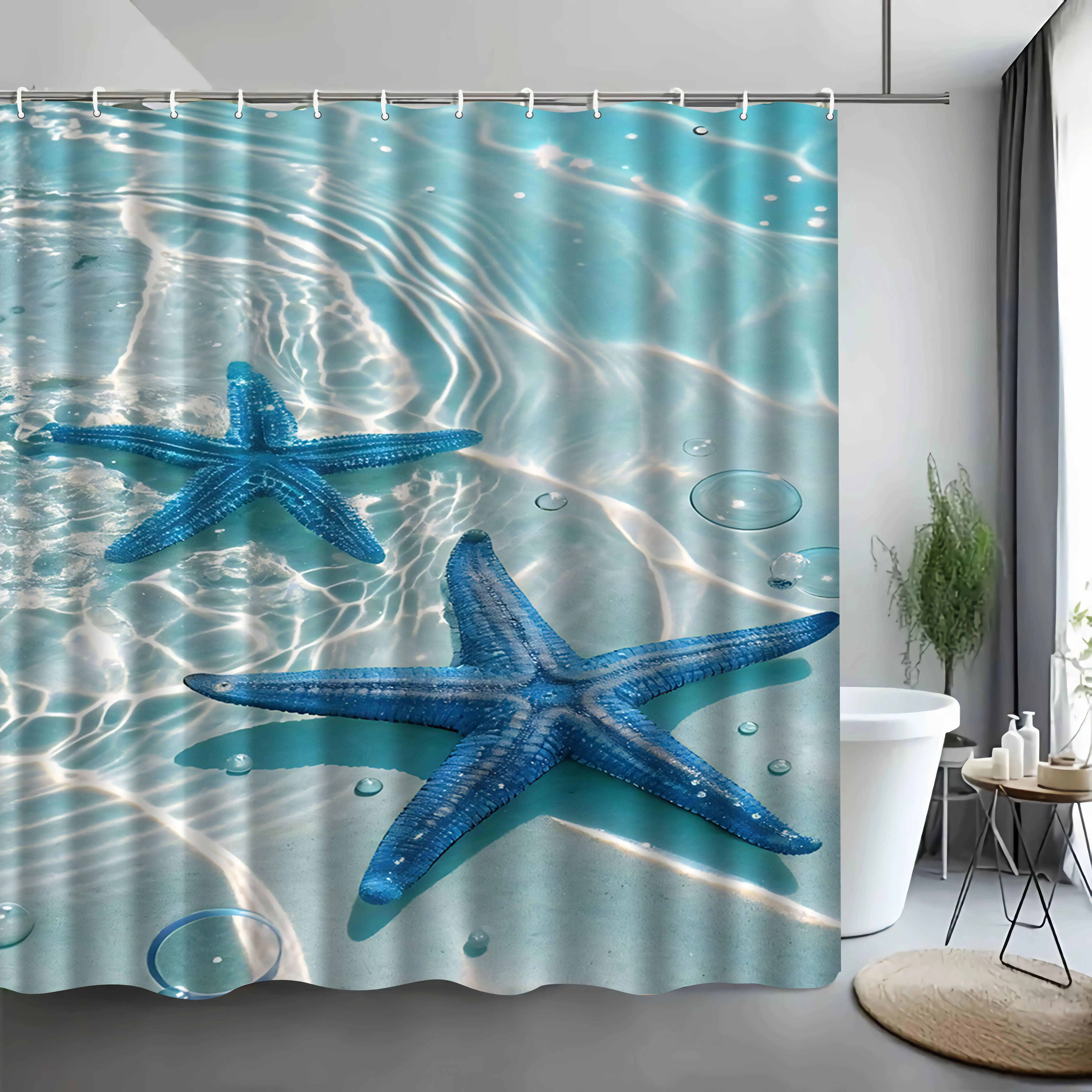 

Clear Water Starfish Shower Curtain Ocean Floor Beach Scene Blue Sea Decor Bath Curtains for Coastal Home