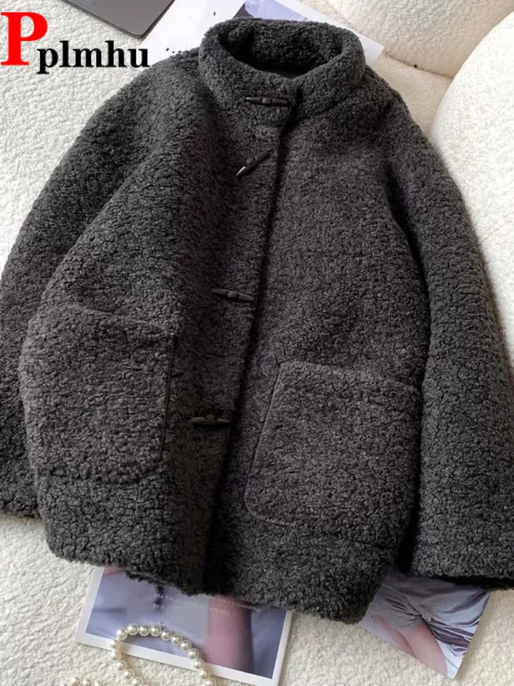 

Stand Collar Plush Thickened Jackets Women's Casual Long Sleeve Baggy Warm Casaco Loose Korean Fashion Horn Button Jaquetas
