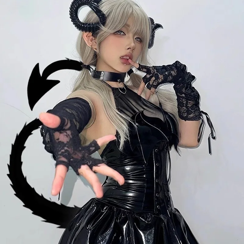 

Lochanxi Sexy Little Devil Cosplay Demon orm loween Lolita Patent Leather Dr Set Special Wide Fit Vest