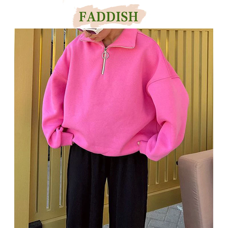 FADDISH 2024 Autumn Winter Women Fashion Loose Zipper Hoodie & Swaetshirts Female Solid Color Casual Long Sleeve Tops Pullovers