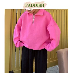 FADDISH 2024 autunno inverno moda donna felpa con cappuccio e Swaetshirts con cerniera allentata donna tinta unita Casual manica lunga pullover