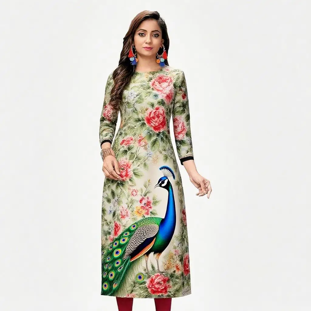 Women's Kurt casual fashion dress long sleeved straight tube casual ethnic flower Mandarin round neck regular size design sense.
