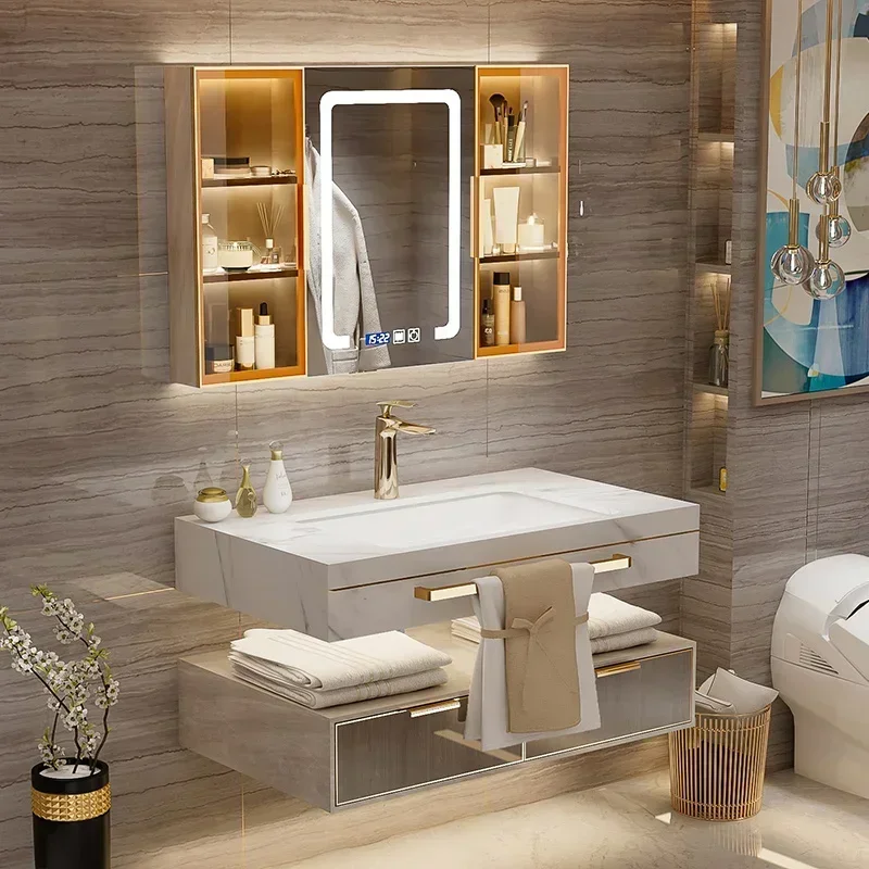Light Luxury Stone Plate Seamless Basin Bathroom Cabinet Combination Hotel Style Large Suite Bathroom Hand Washing Washbasin