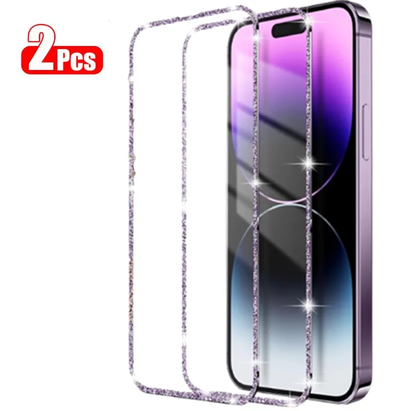 2PCS Bling Glitter Edge Screen Protector for IPhone 14 13 11 15 Pro Max Plus 12 Mini XS XR X 15Pro 14Pro i15 Tempered Glass Film