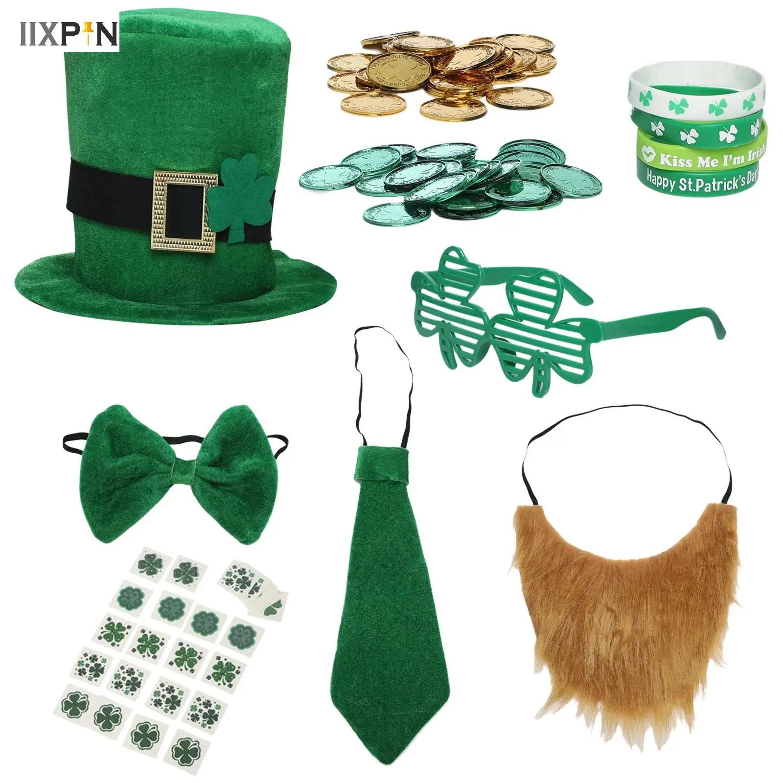 

Saint Patricks Day Top Hat Holiday Fake Beard Green Celebration Costume for Irish Festival Birthday Party Decor Supplies