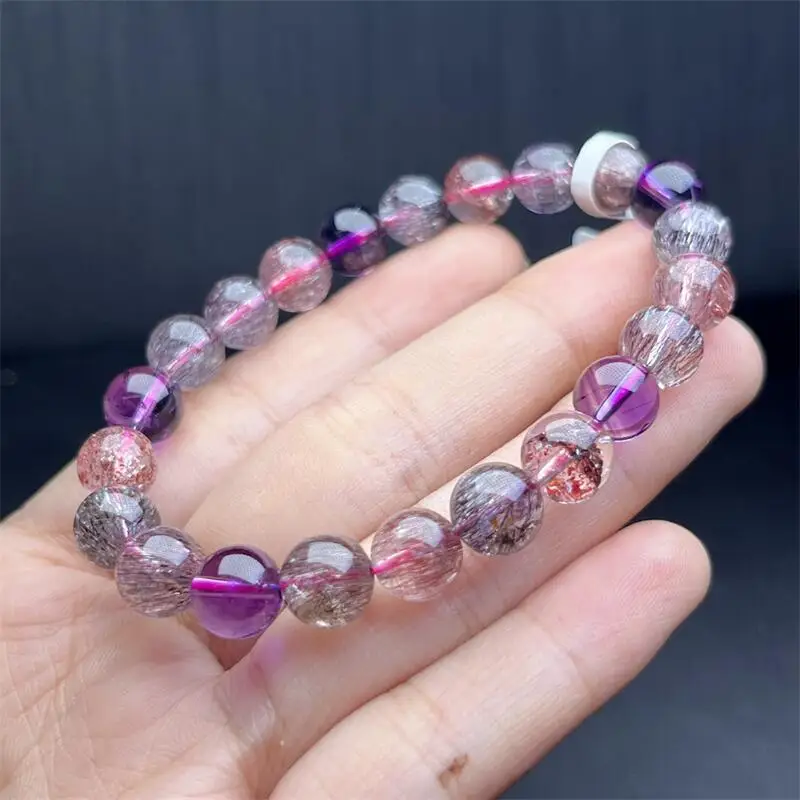 8MM Natural Super Seven Quartz Bracelet Crystal Yoga Reiki Healing Fengshui Stretch Female Gift 1PCS