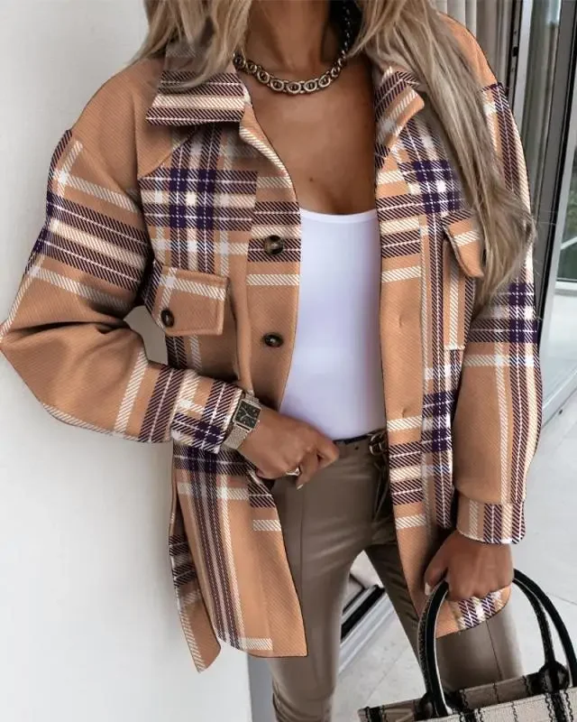 

Women's Jackets Coats Autumn And Winter Fashion Strap Plaid Printed Jacket For Women Loose Casual Pockets Coats Clothing New