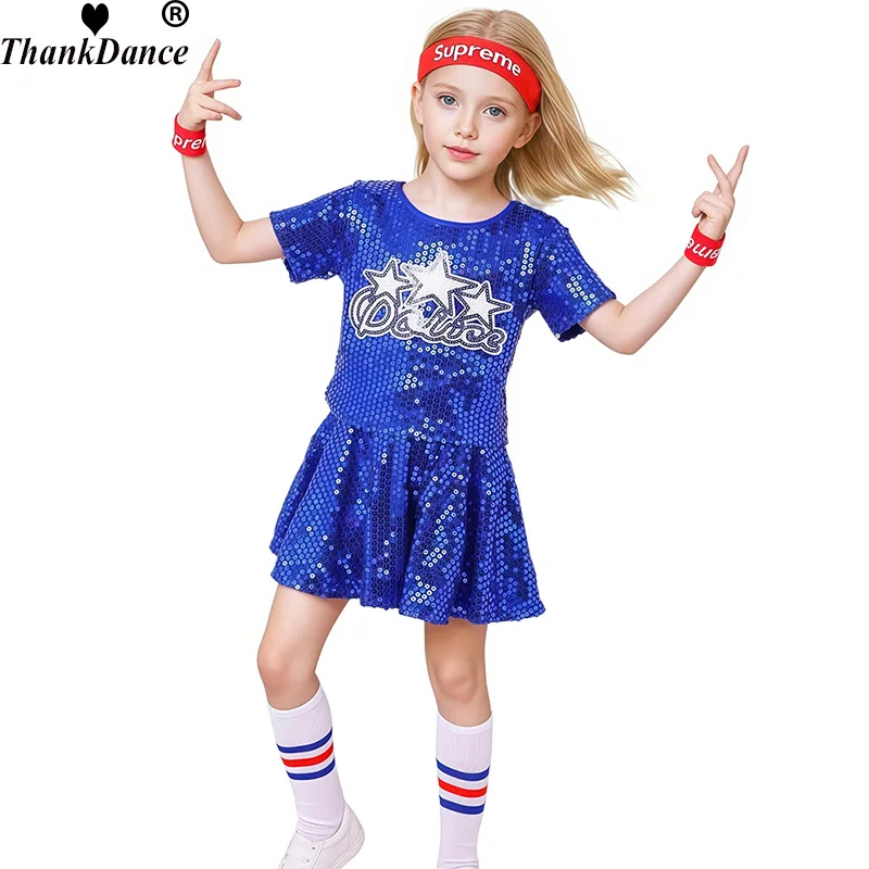 

Костюмы для джазовых танцев для девочек, одежда для сценических танцев, детский танцевальный костюм в стиле хип-хоп с блестками, танцевальная одежда