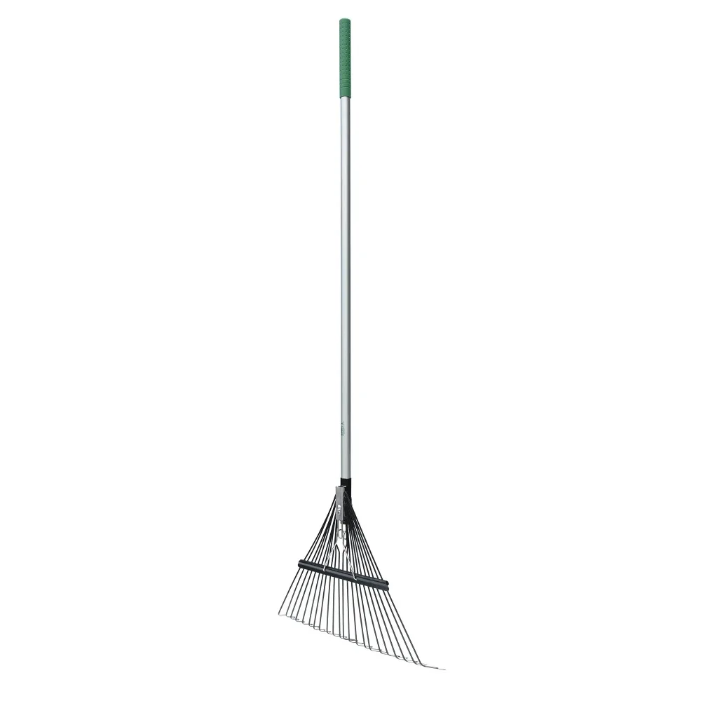 

Fiberglass Long Handle 22-Tine Steel Leaf Rake with Comfort End Grip, designed to withstand the elements