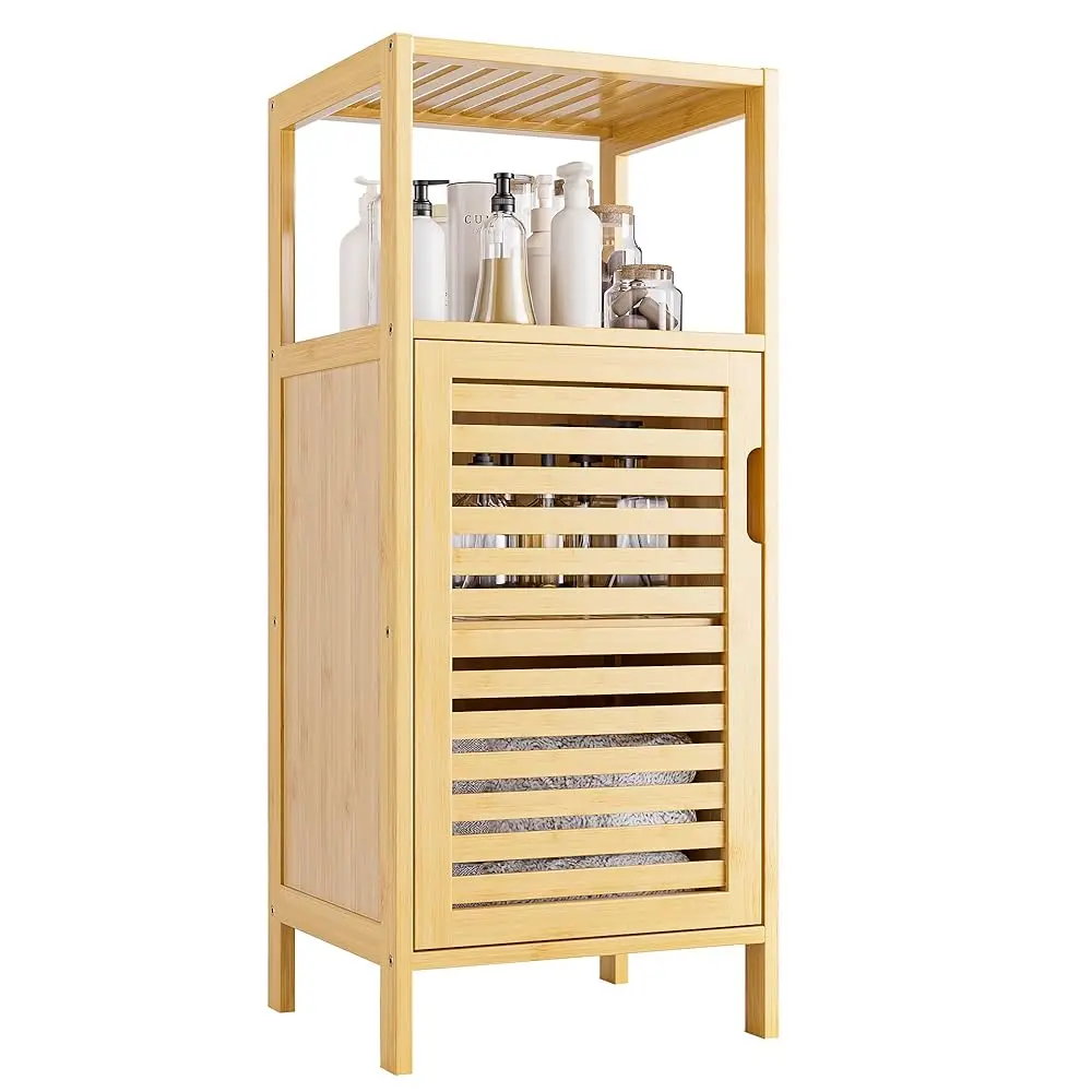 

Bathroom Cabinet Freestanding, Small Bamboo Floor Cabinet, 4 Tier Single Door Sofa Side Table Storage Organizer, Space Saving
