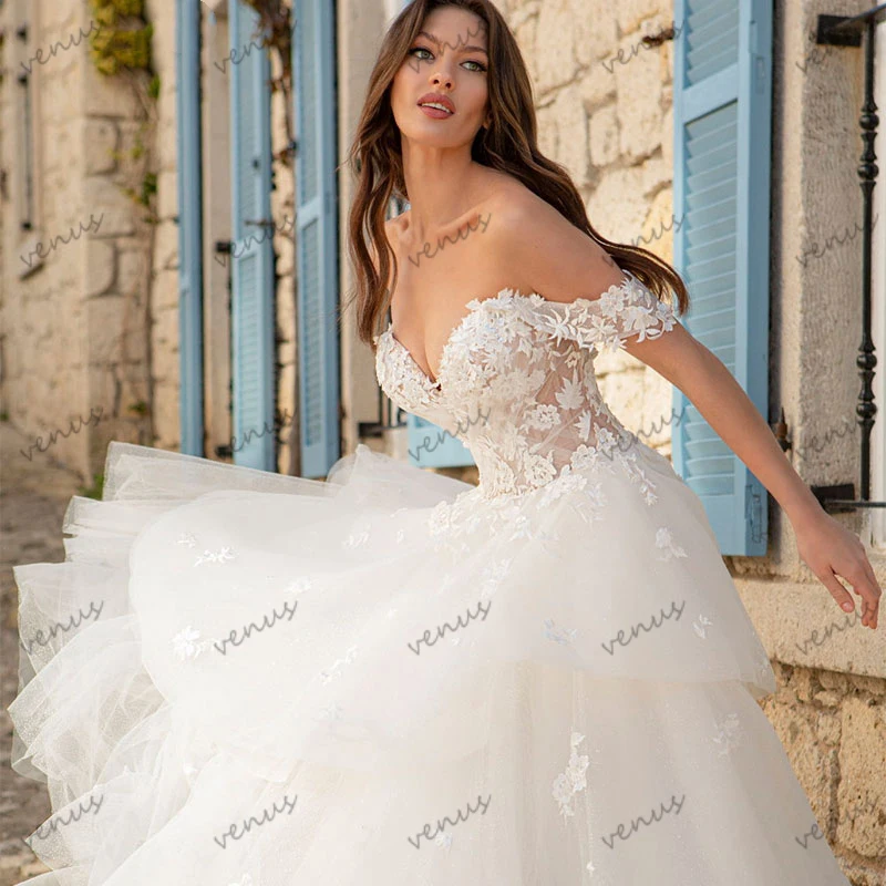 Vestidos de casamento elegantes para mulheres vestidos de noiva linha A, apliques de renda, fora dos vestidos de ombro, 2023