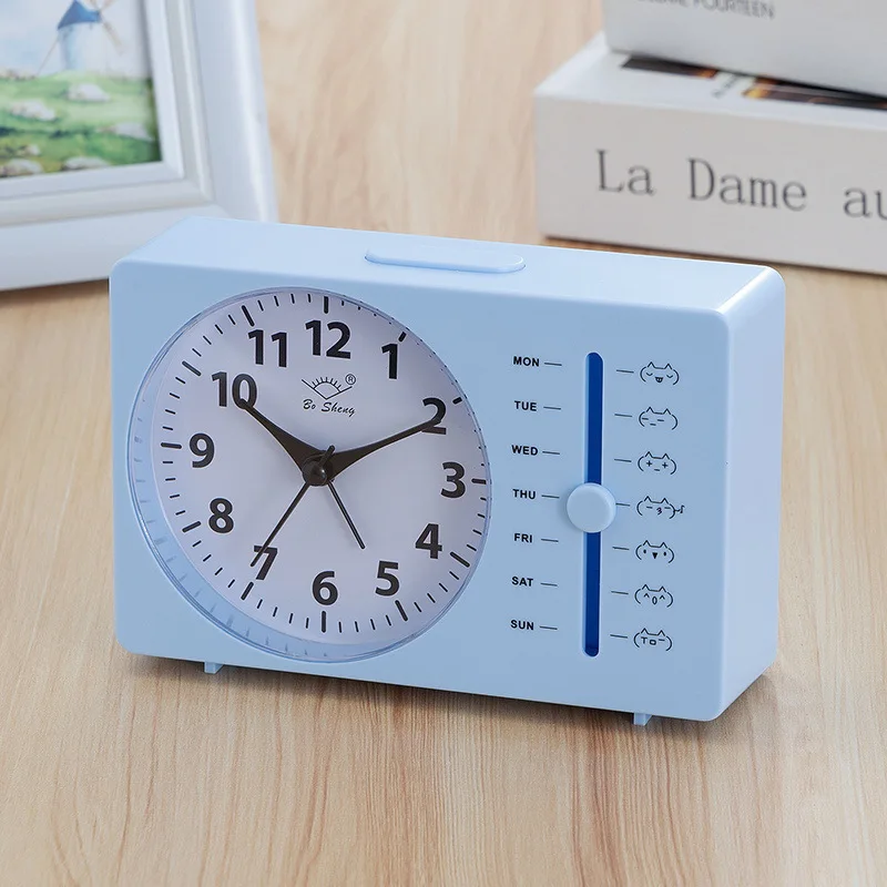 Ideal Small Square Quartz Desk Alarm Clock with Weekday Display and Silent Sweep Hands for Students Use