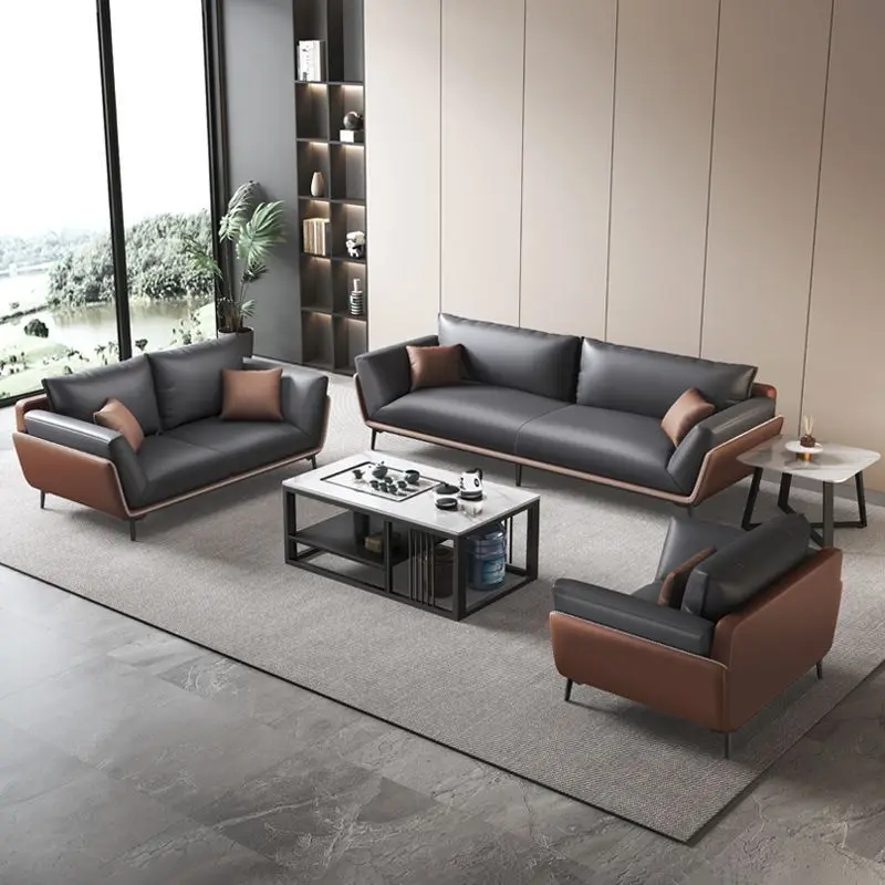 Italian Luxury Business Meeting Guests Negotiate Genuine Leather Three Seat Sofa and Tea Table Combination