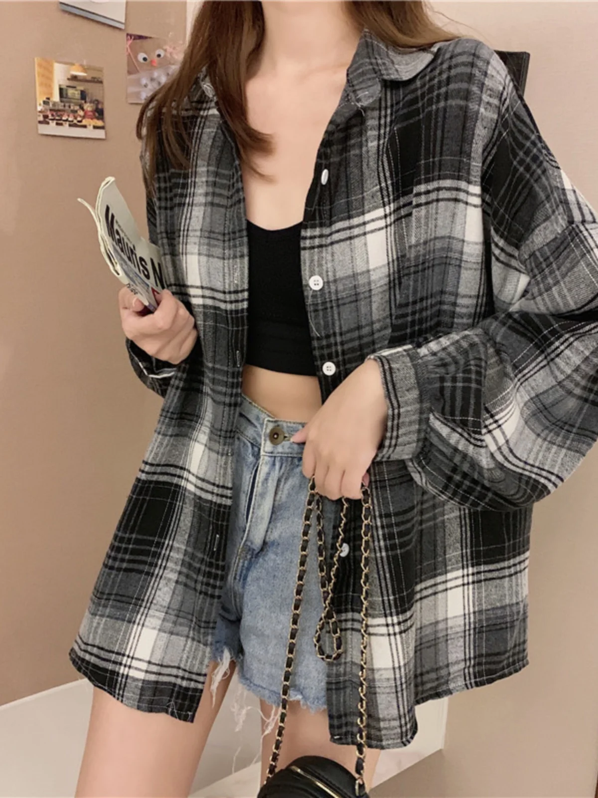 ผู้หญิงลายสก๊อตบางหลวมยาว Sve irt Street Sle ขนาดใหญ่ Cheered พิมพ์ Casual Busin สํานักงานสวมใส่ฤดูใบไม้ร่วง