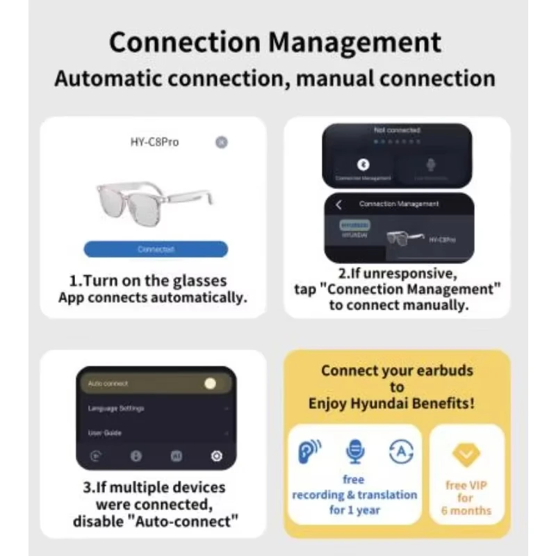 Choice HYUNDAI HY-C8 AI Glasses Earphones With Camera Automatic voice translation Smart glasses Multi-function keys For Sports