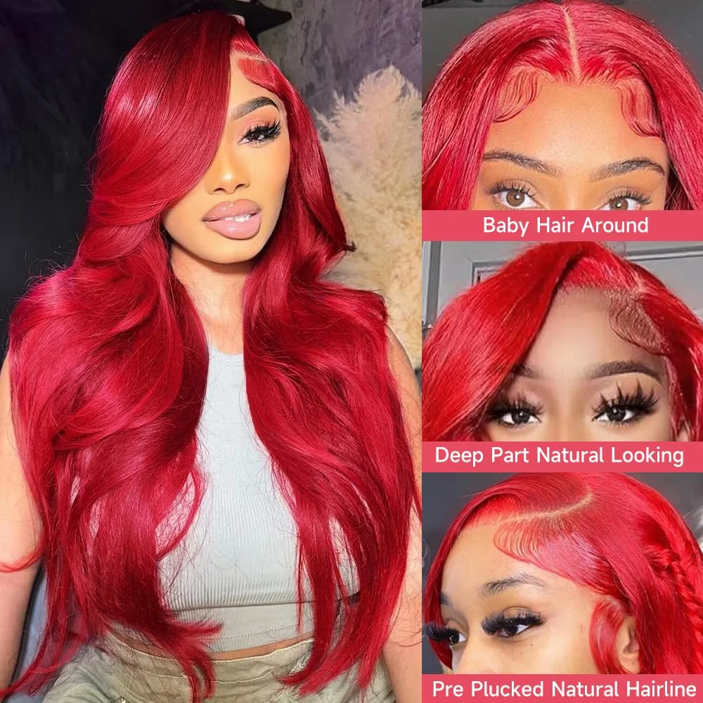 30 34 Inch 250% Brazilian Hot Red Body Wave 13x4 Hd Lace Frontal Wig Cosplay 13x6 Lace Front Colored Human Hair Wigs For Women