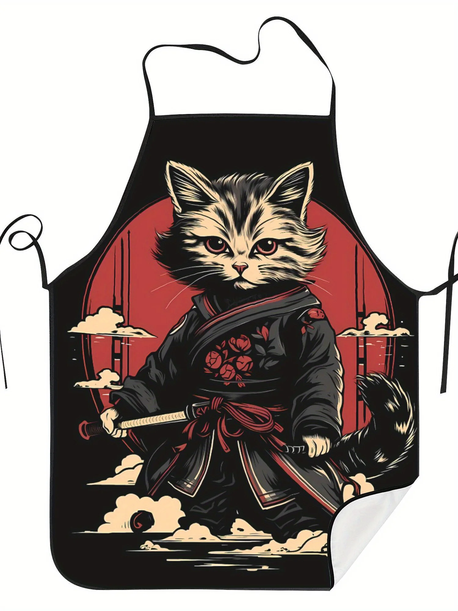Cool Samurai Cat Apron, Japanese Warrior Kitten Graphic Cooking Bib, Anime Style Kitchen Decor, Novelty Gift for Men