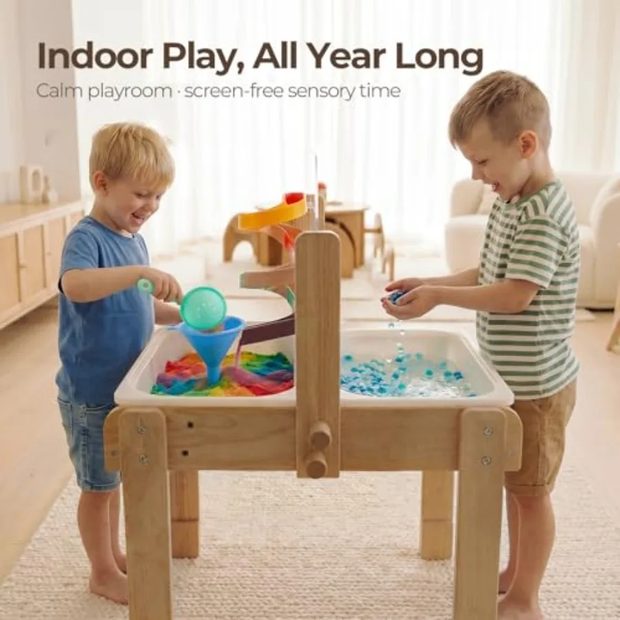 Sand and Water Table for Toddlers, 4 in 1 Wooden Sensory Activity Table with 2 Storage Bins, Painting Acrylic Board, Slide Trac