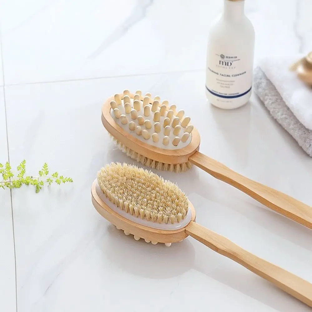 Natural Bristle Bath Brush Long Handle Shower Scrubber Massage Tool Double Sided Back Cleanser For Body Skin Exfoliation