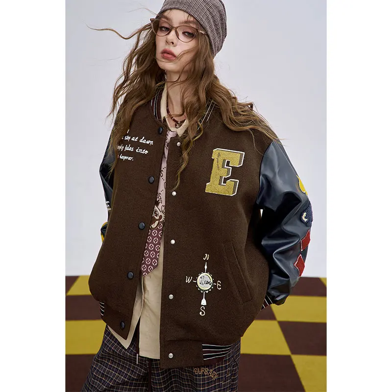 ELFSACK 2025 Winter New Arrivals Casual Graphic Panel Sleeve Wool Blend Coat For Woman