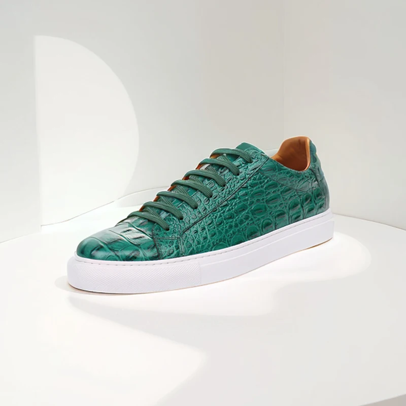 

Green Crocodile Pattern Flats Men's Cow Leather Round Toe Lace-up Low-Top Casual Shoes Luxury Flat Business Sneakers Handmade