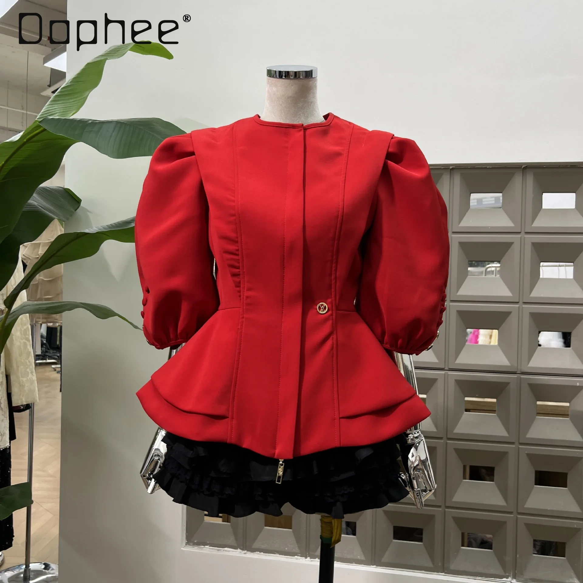

Elegant Temperament British Style Bubble Sleeves Slim Zipper Short Jacket + High Waist Multi-layer Skirt Two-piece Set Women
