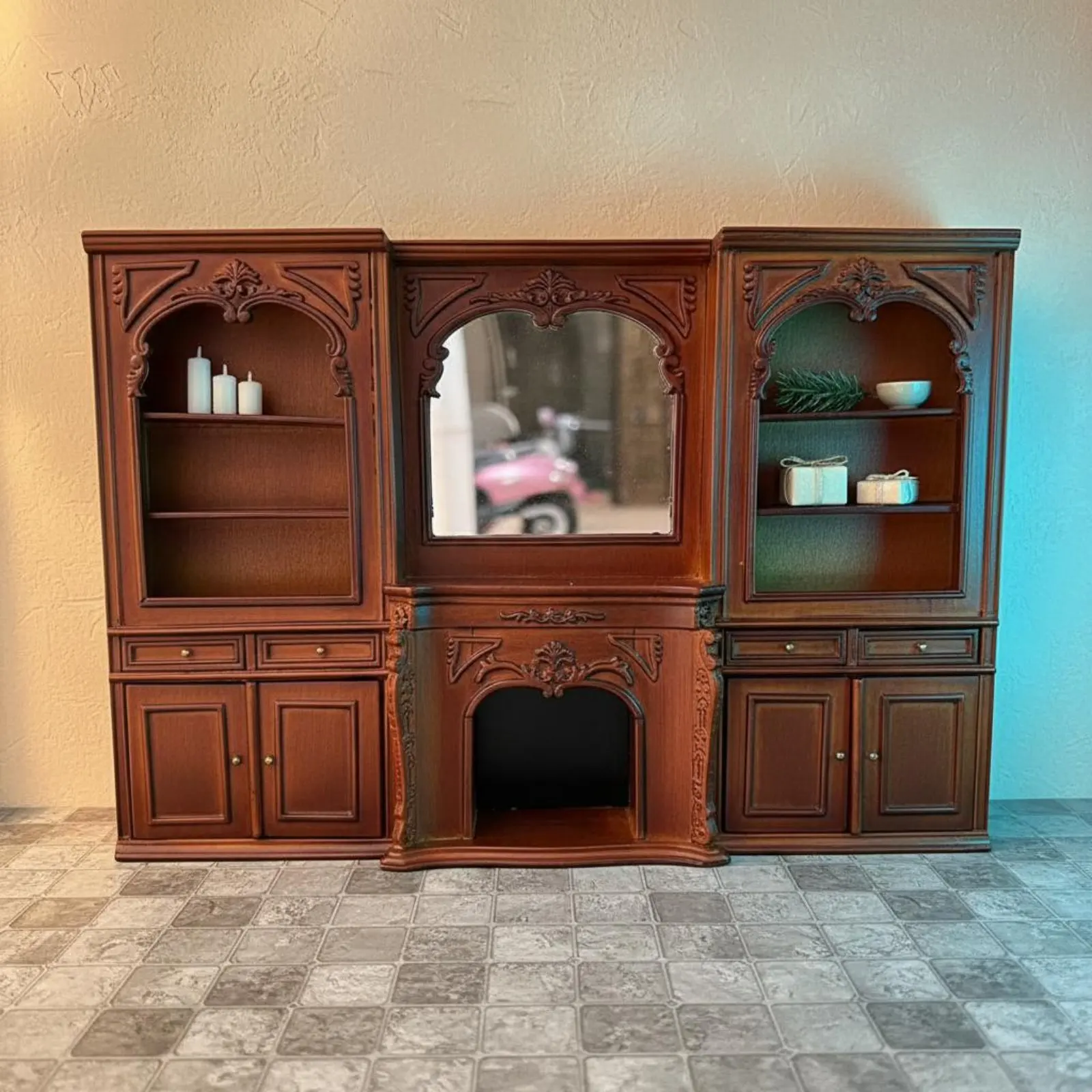 Dollhouse Fireplace Cabinet Functional Doors and Drawers 1:12 Scale Display Hutch European Design Dollhouse Cabinet