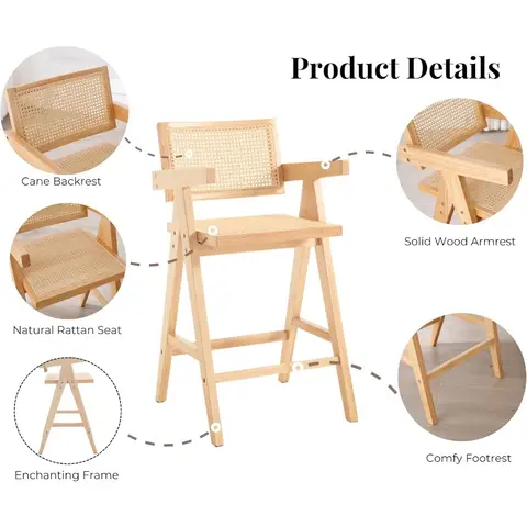 Barstolar i rotting med bänkhöjd, set med 2 moderna barstolar i lantlig trästil, med ryggstöd och armstöd i rotting, bekväma barstolar i mitten av århundradet 6 best sales barstolar set om 2 - №5