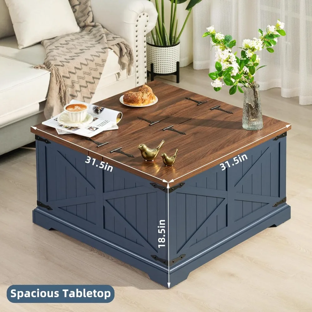 Farmhouse Coffee Table with Large Hidden Storage Compartment, Navy Blue Square Center Table