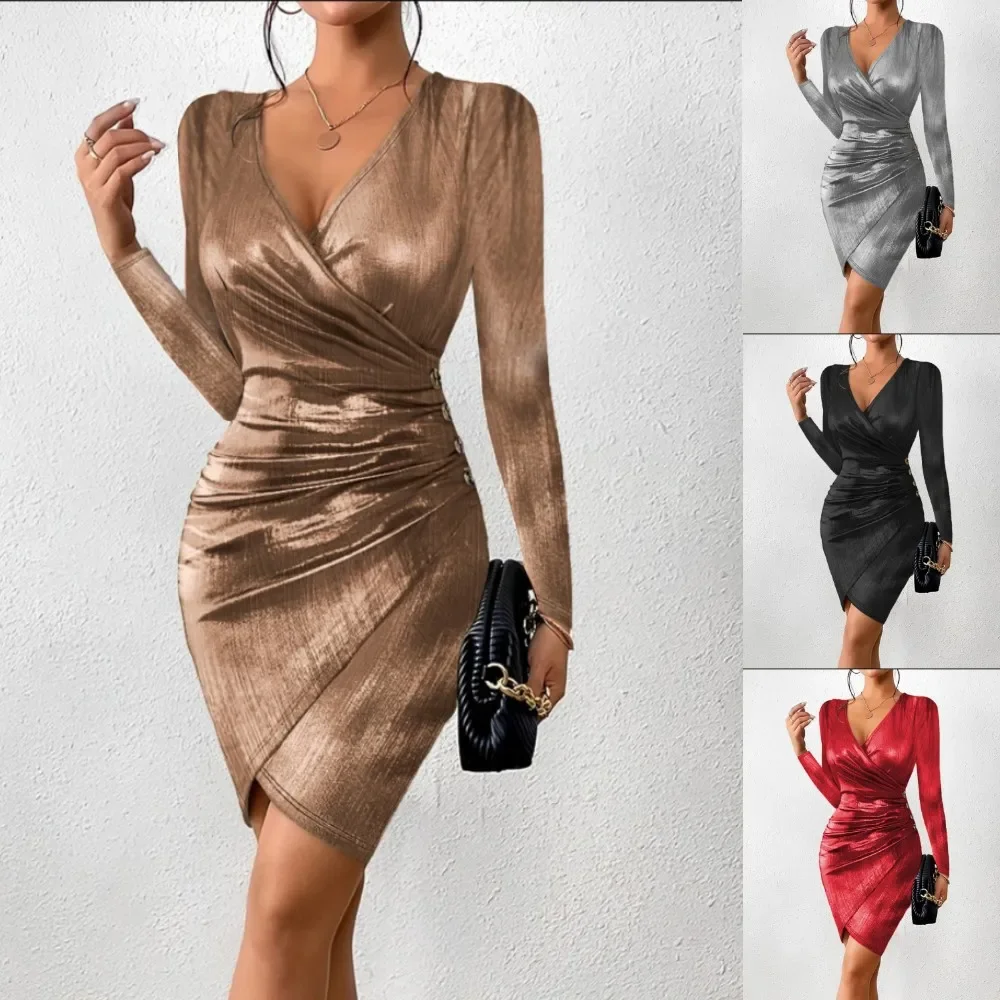 

New Fashion Women Sexy Gold Shiny Asymmetrical Bodycon Dress Spring Autumn Women Long Sleeve Slim Side Split Clubwear Vestidos