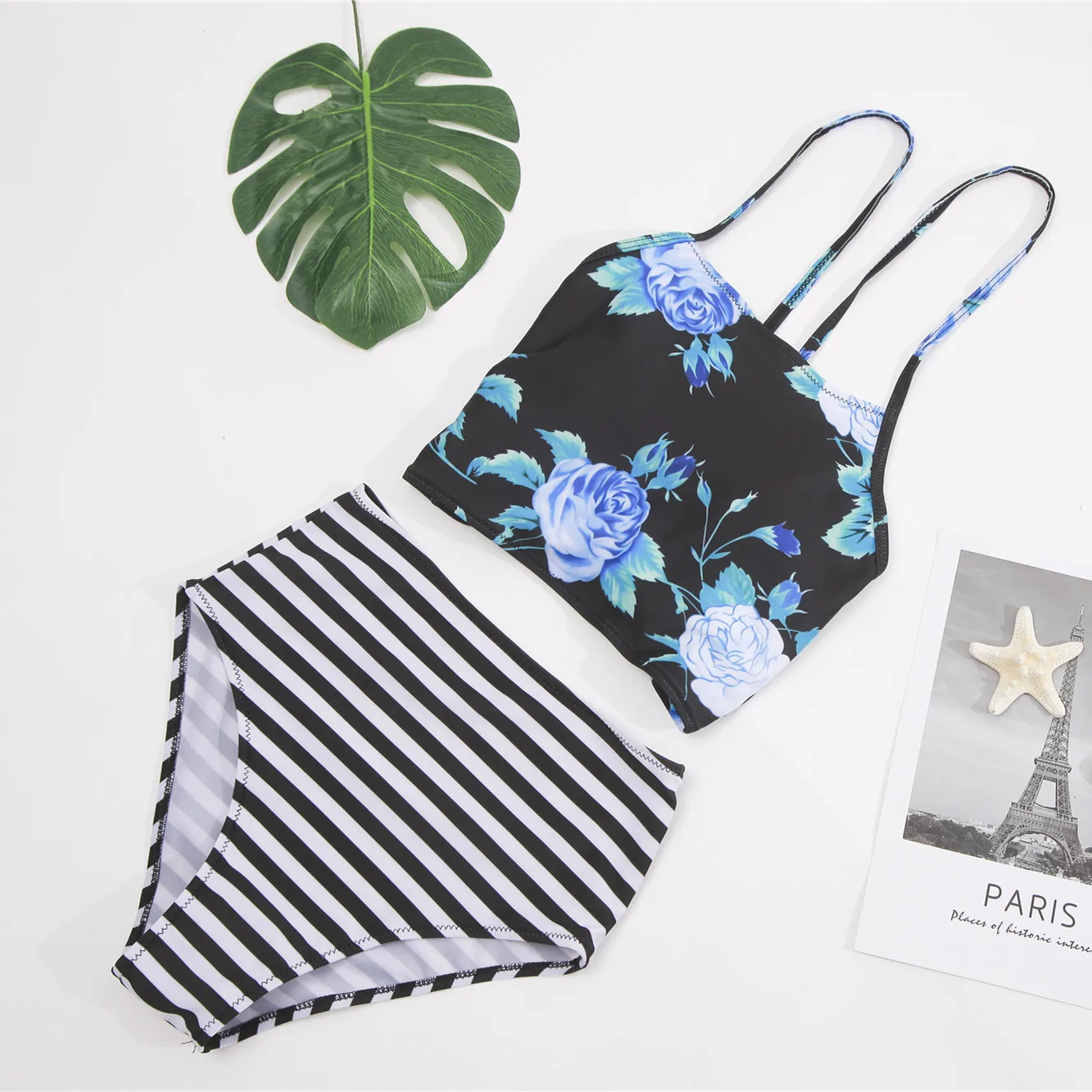 ملابس سباحة نسائية أوروبية وأمريكية جديدة لعام 2025 مطبوعة مخططة عالية الخصر متعددة الحزام بدون ظهر بيكيني مثير