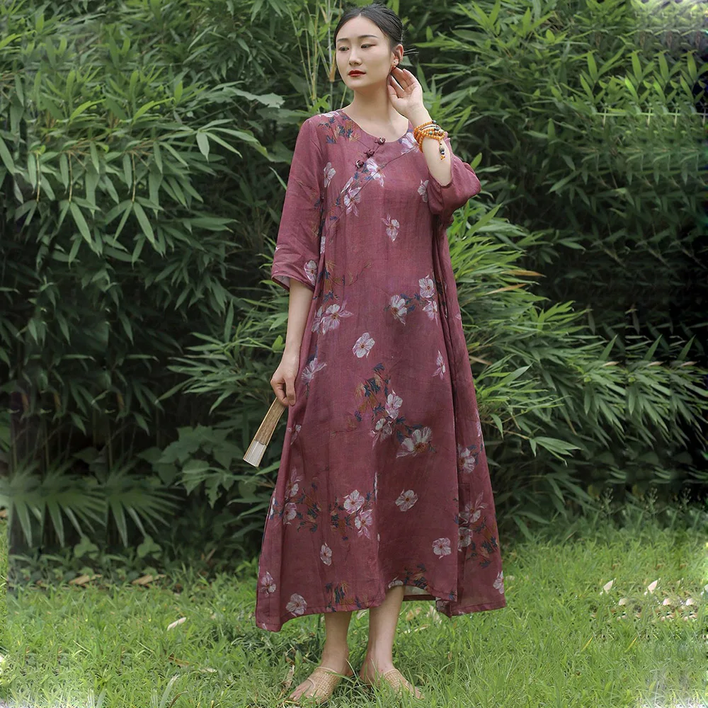 

Chinese-style Lightweight Printed Dresses Half-Sleeved Women Summer Retro Disc Buckle High-Quality Ramie Casual Mid-Length Dress
