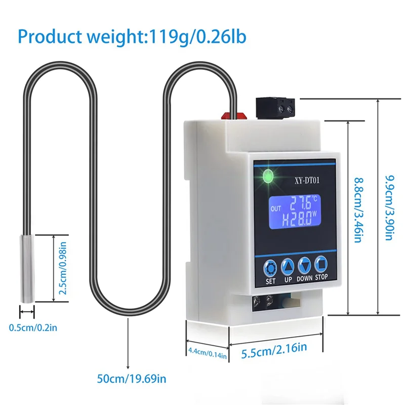 A14M 5X XY-DT01 เครื่องควบคุมอุณหภูมิแบบดิจิตอล -40-110 ° C พร้อมจอแสดงผล LCD และเซ็นเซอร์กันน้ํา