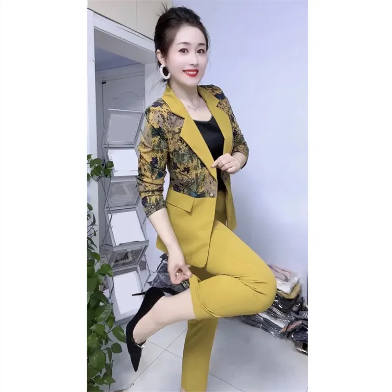 

Internet Celebrity Bestseller Fashion Suit Set for Women Summer Collection Retro Print Patchwork Slimming Jacket Trousers