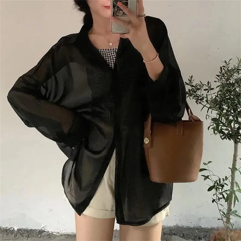 Shirt for Women Blouse Long Sleeve Top Female Chiffon Loose Cardigan Thin Sexy Solid Color Casual Shirt