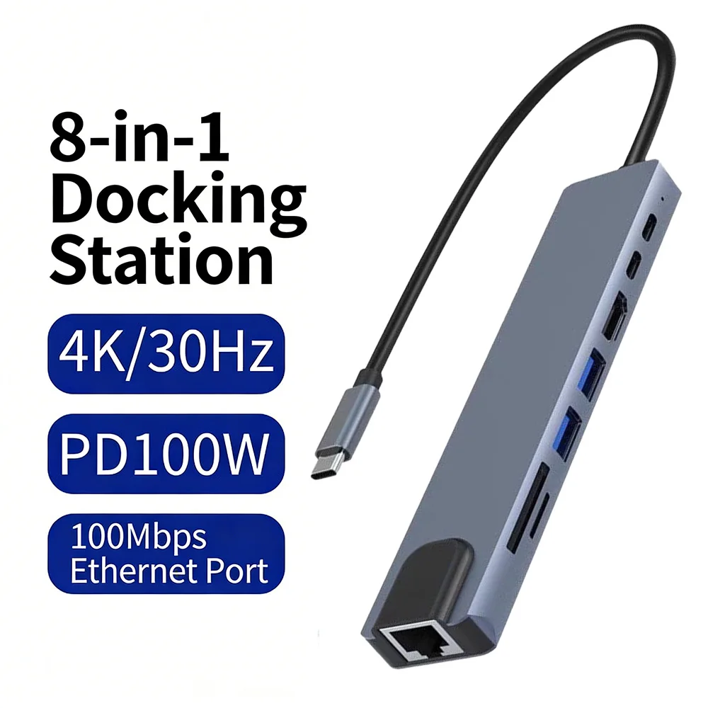 8-in-1 USB C Docking Station, 4K HDMI Adapter with 100W PD Fast Charging, Gigabit Ethernet, 2xUSB, SD/TF Card Reader for Laptop