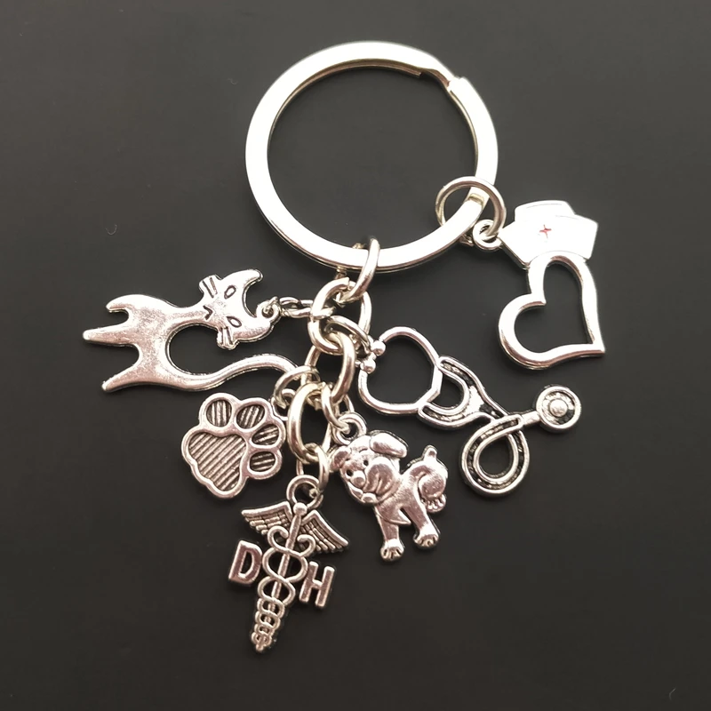 Hot Vet Keyring Silver Color Stethoscope Animal Charms Animal Dog Cat Nurse Key Chains Veterinary Jewelry Gift