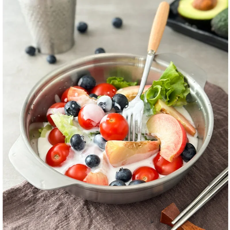304 Stainless Steel Kid's Rice Bowl Double Ear Thicken Noodle Bowl Multifunctional Salad Container Heatable Utensils For Kitchen