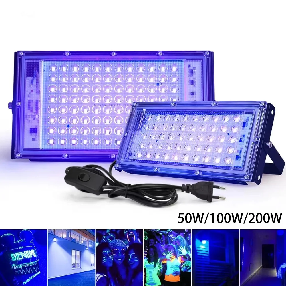 

50W 100W 200W UV Flood Light AC220V 395nm 400nm Ultraviolet Fluorescent Stage Lamp With EU Plug For Bar Dance Party Blacklight