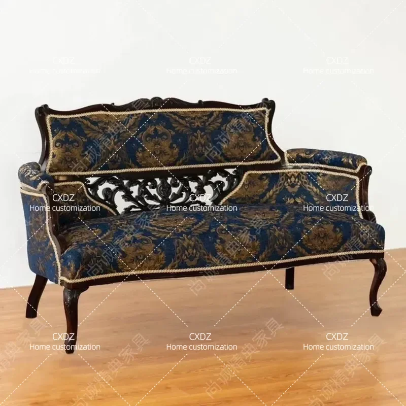 Classical Solid Wood Carved Flower Chair European Retro Villa Balcony Sofa Double Light Luxury High End Leisure Chair
