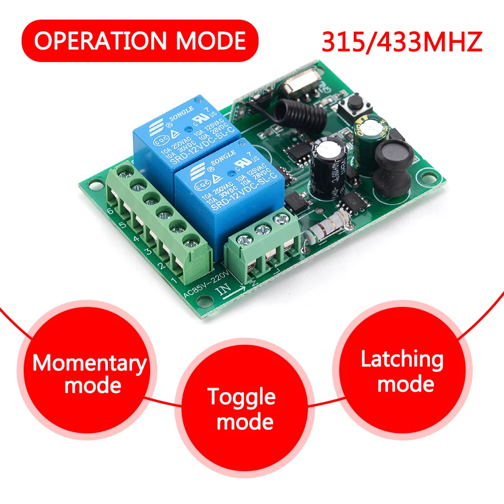 Interruptor de Control remoto RF para el hogar, módulo de interruptor de relé inalámbrico de 2 canales, 12V, 220V, 10A, 315MHZ, 433MHz